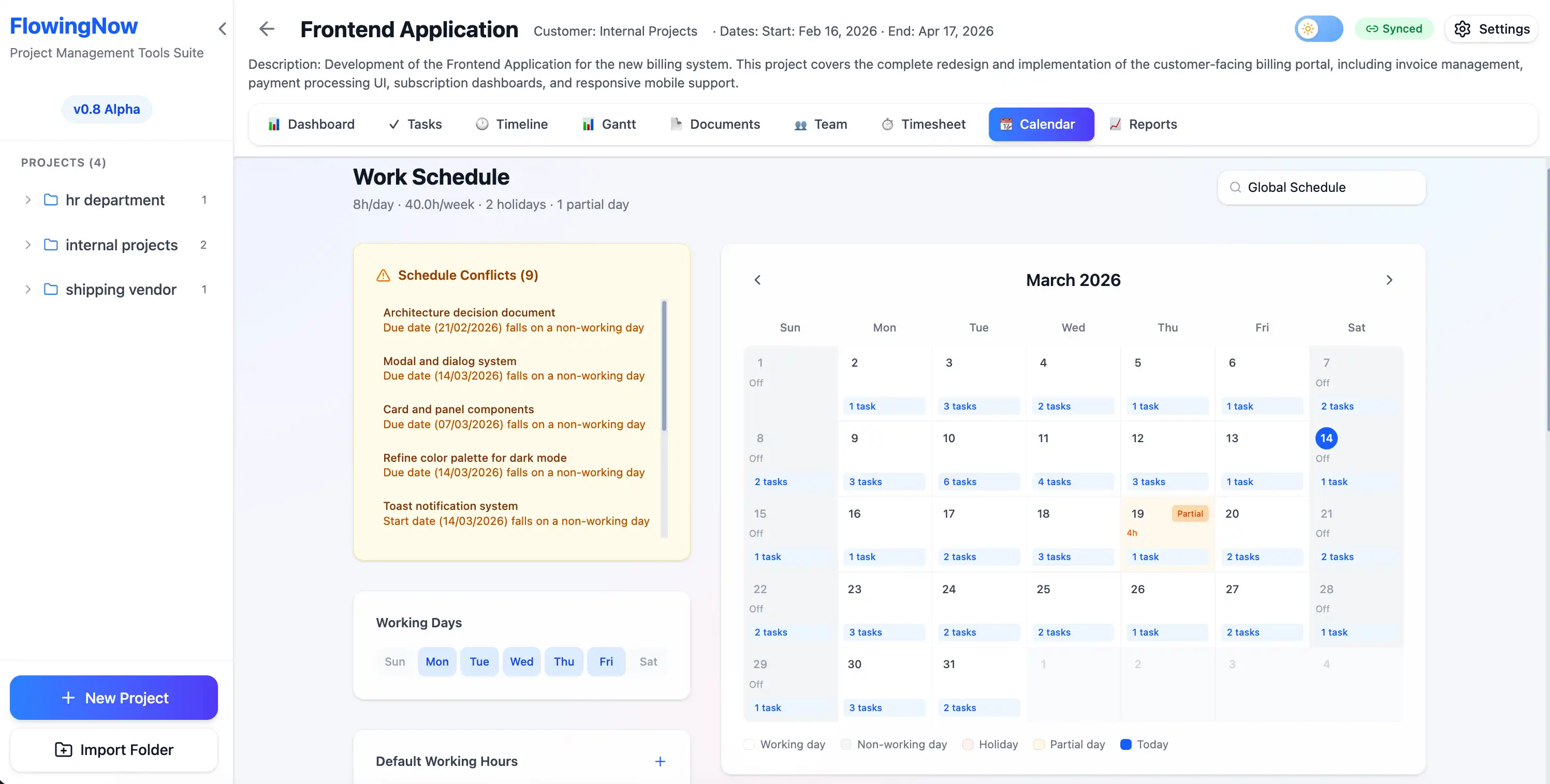 FlowingNow calendar view showing work schedule configuration with holidays and per-member overrides