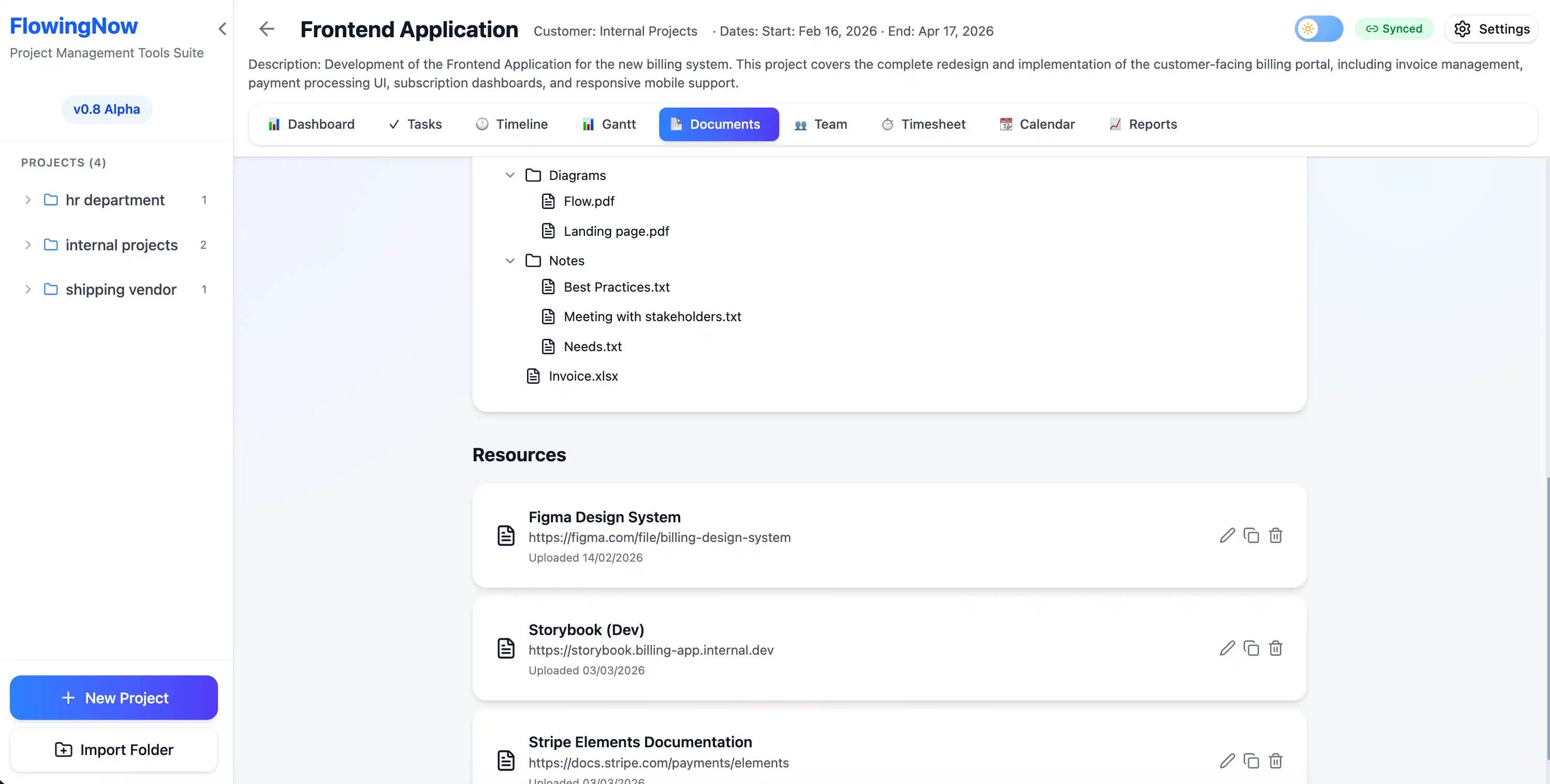 FlowingNow documents view showing folder structure with file previews and type badges