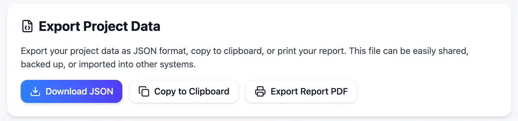 FlowingNow export dialog showing PDF and JSON export options