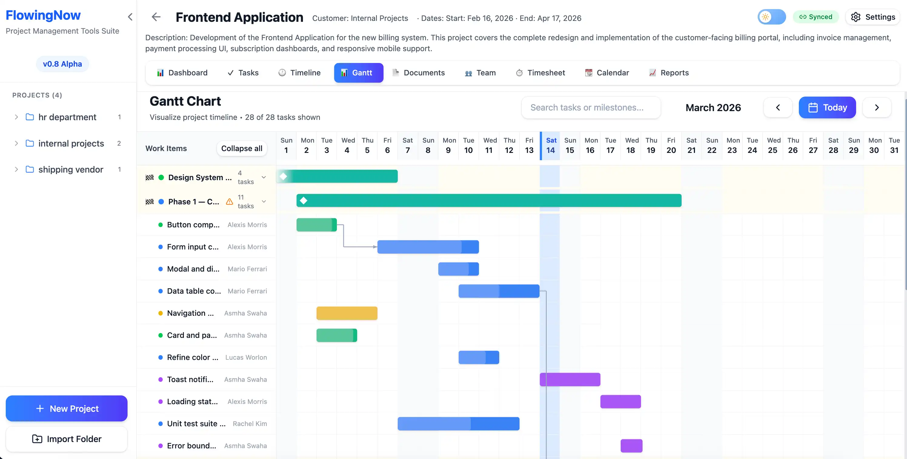 FlowingNow Gantt chart with color-coded task bars, milestones, and dependency arrows