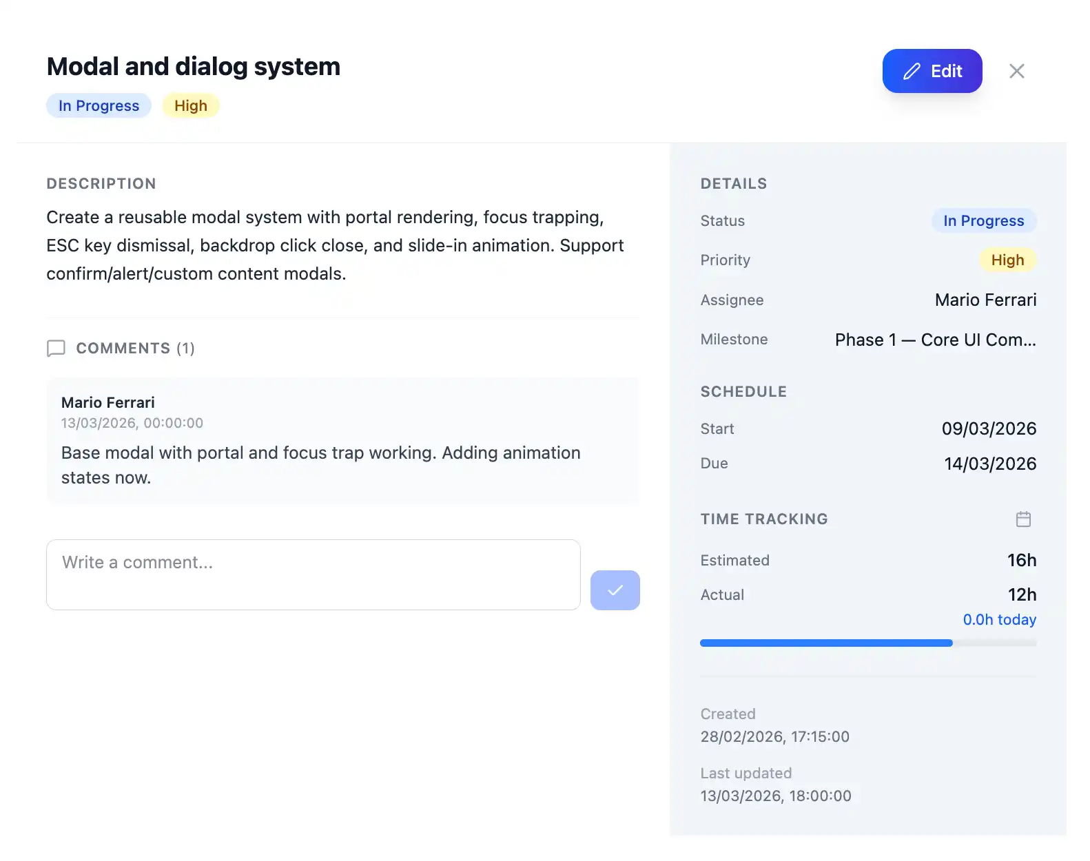 FlowingNow task detail modal showing description, status, time tracking, comments, and linked documents