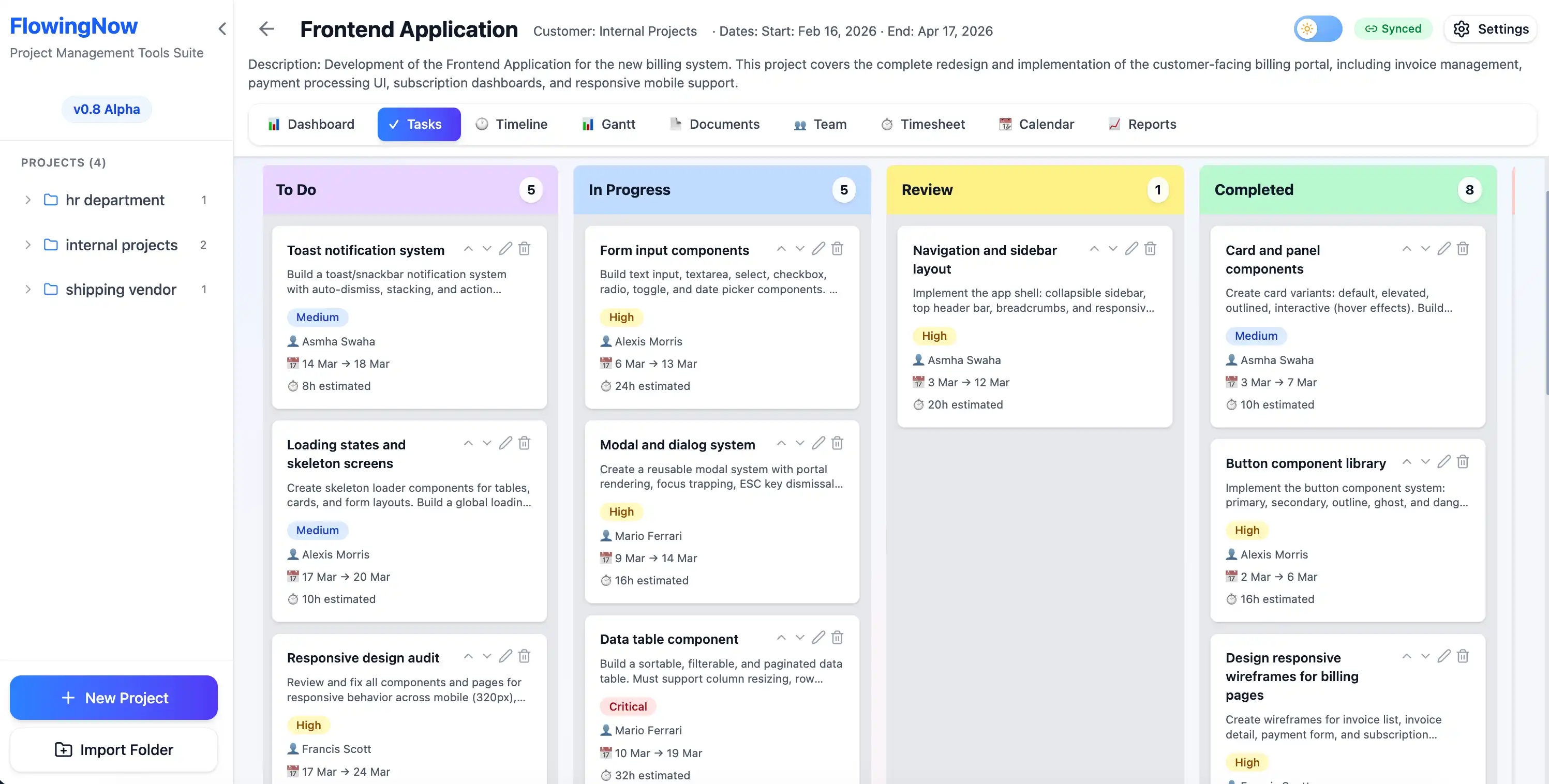 FlowingNow task board showing project tasks organized by status