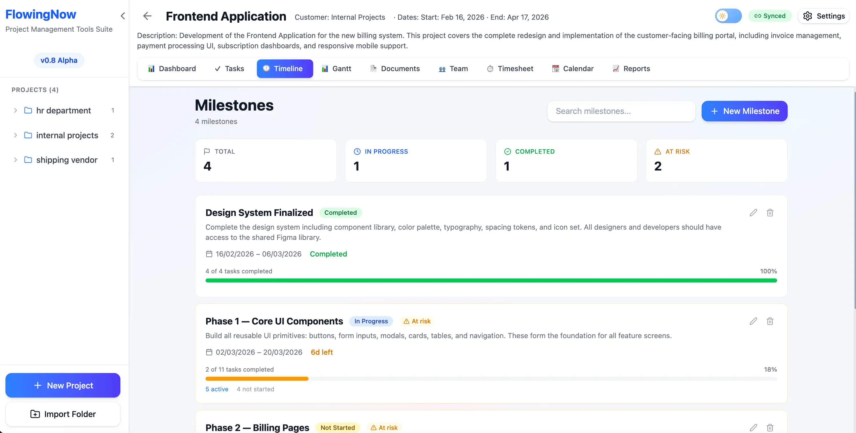 FlowingNow timeline view showing milestones with progress bars and deadline indicators