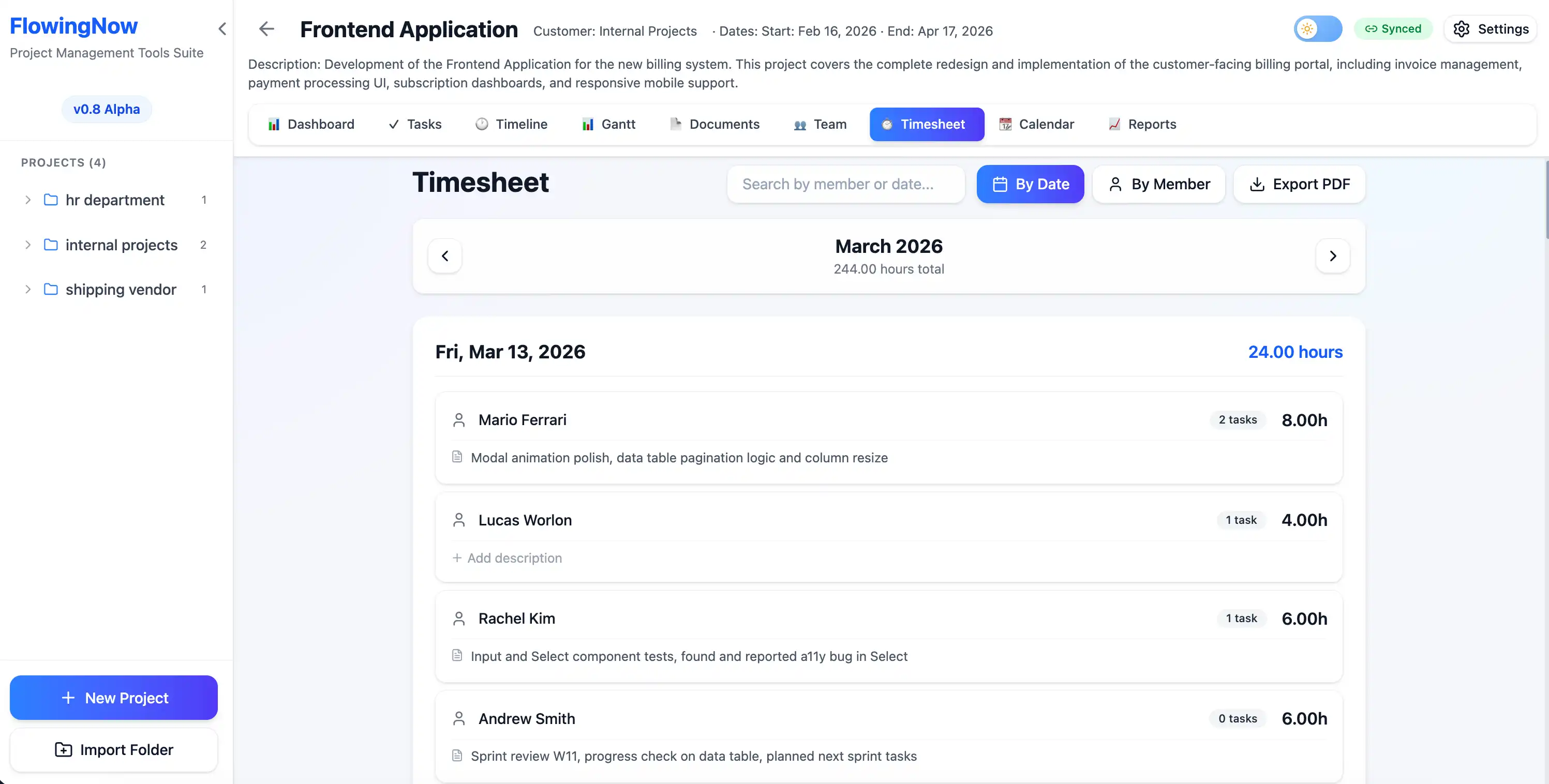 FlowingNow timesheet view showing monthly hours grid with per-member and per-task breakdown